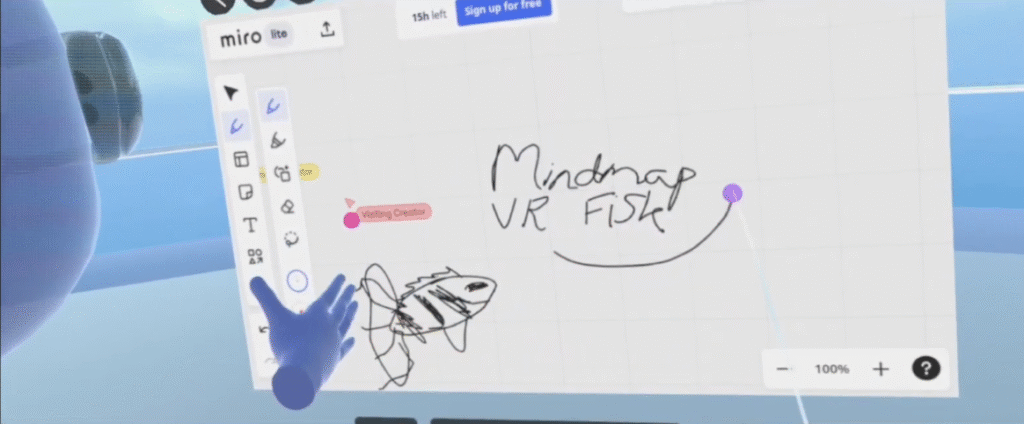 Screenshot of user drawing on virtual whiteboard in a VR enviroment