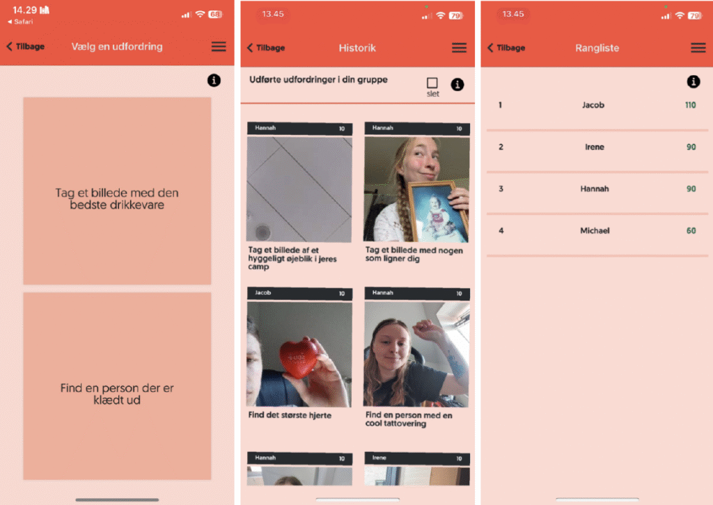 Screenshots from three main pages of App. The challenges-page, dashboard-page, and points-page.
