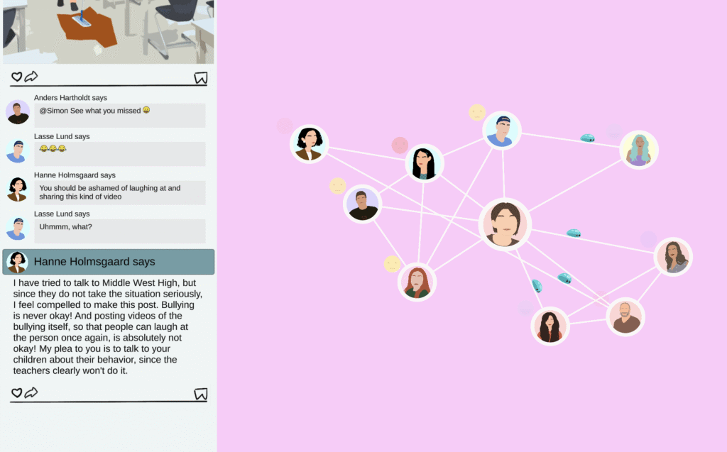 Screenshot of Viral Sphere showing the datablobs going through the network, and the characters reactions (with emojis)