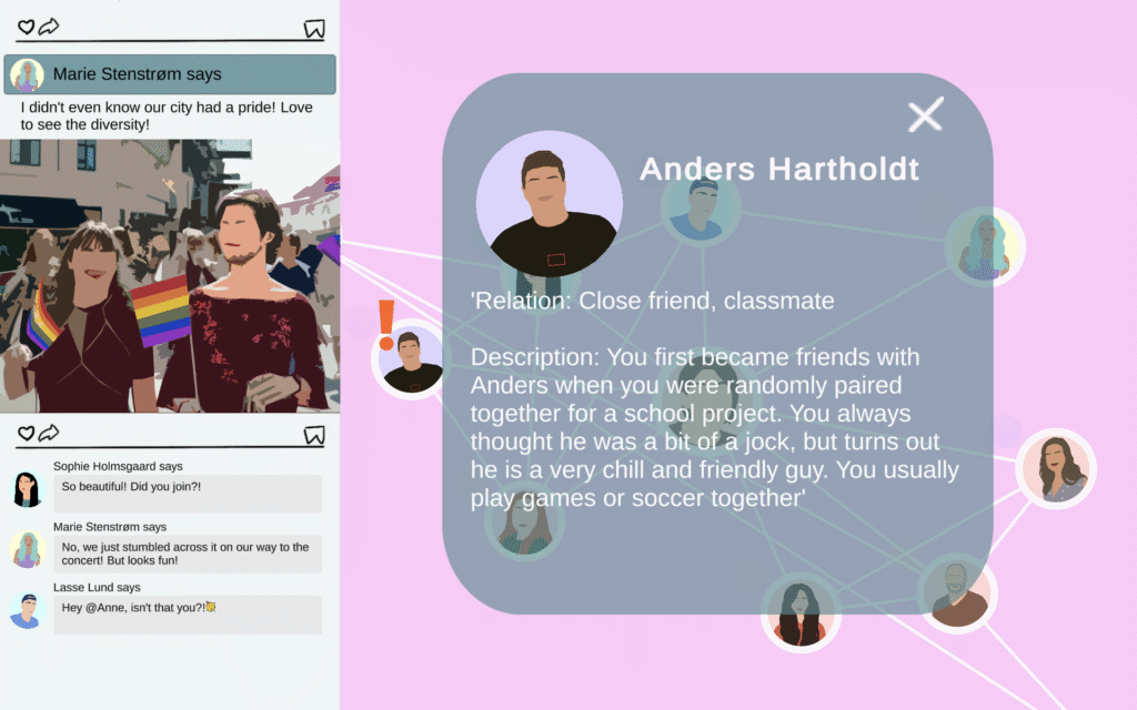 Profile of one of the characters: "Anders Hartholdt. Relation: Close friend, classmate Description: You first became friends with Anders when you were randomly paired together for a school project. You always thought he was a bit of a jock, but turns out he is a very chill and friendly guy. You usually play games or soccer together"