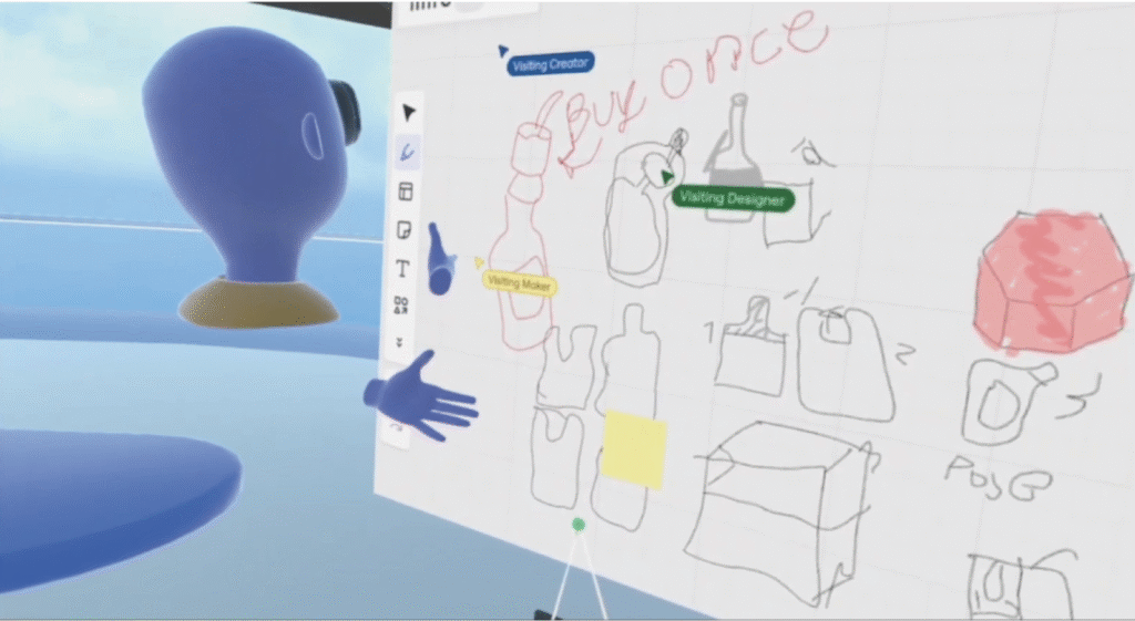Screenshot of user drawing on virtual whiteboard in a VR enviroment